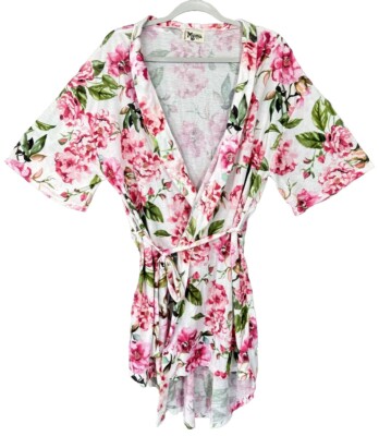 Show Me Your Mumu Robe Women's One Size White Pink Floral Brie Wrap Scoop Kimono