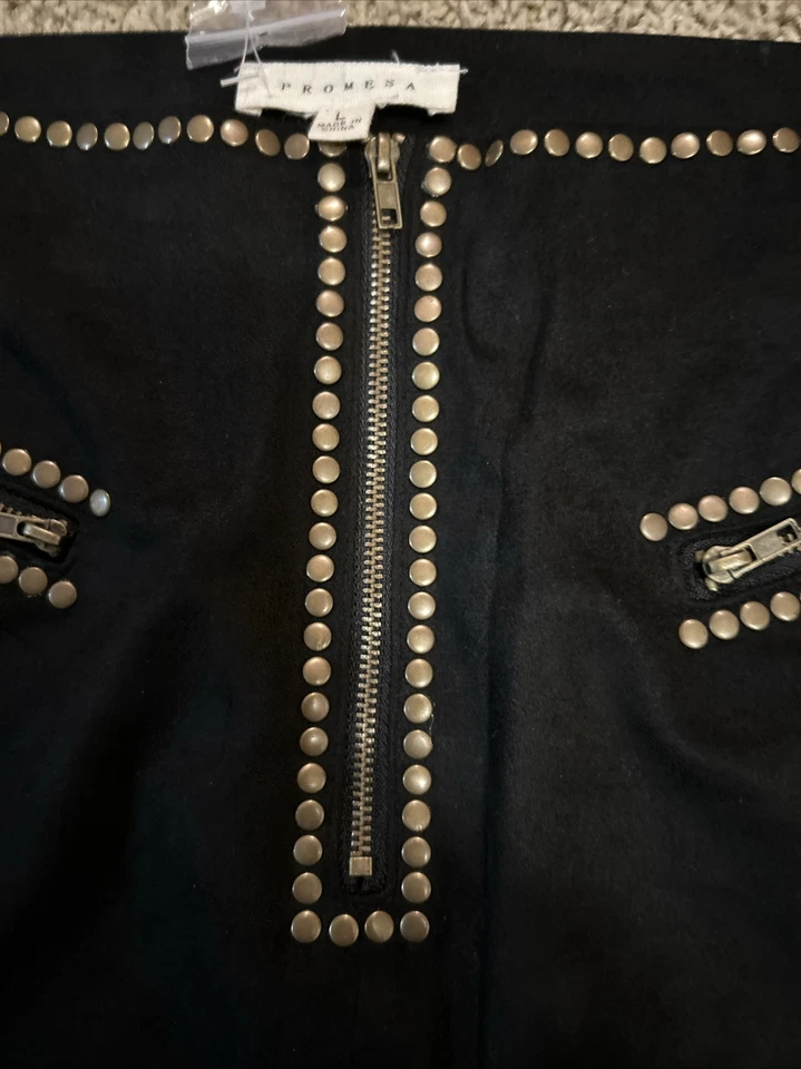 PROMESA BLACK FAUX SUEDE RIVET Stud  ZIPPER SKIRT WOMENS SZ Large EUC Foto 3 de 4