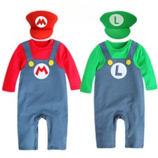Super Mario Baby Baby Crawler Bodysuit Mario Luigi Cosplay Costume With Hat Set