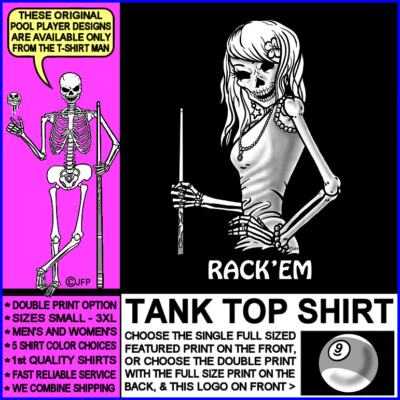 RACK'EM It's About Attitude 9 Ball Skeleton Girl Billiards Pool Player Tank Top