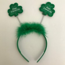 St Patricks Day Headband Green Glitter Shamrocks on Springs Feathers Claire's