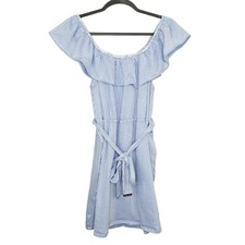 Michael Kors Blue Stripe Dress Womens Size 2X Off Shoulder Tie Belt Coastal