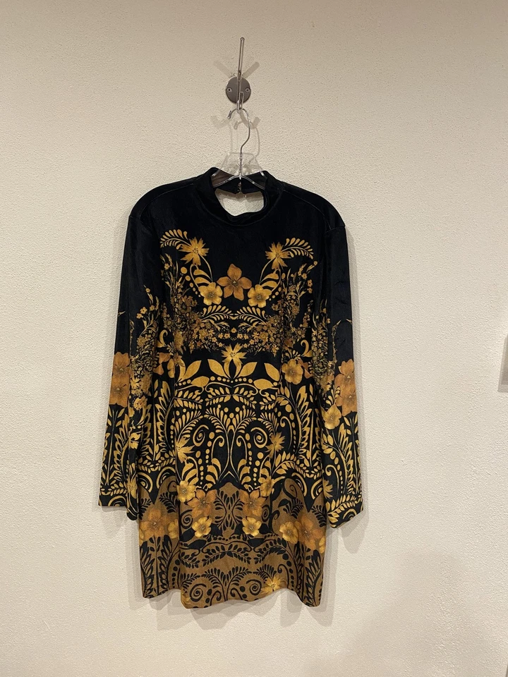 Anthropologie 连衣裙女式大号黑色金色天鹅绒花卉长袖迷你 — 第 2/4 张图片