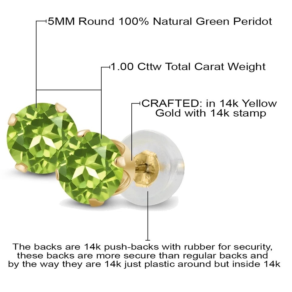 Aretes de peridoto de oro amarillo de 14K para mujer (1,00 quilates, piedras preciosas Foto 4 de 4