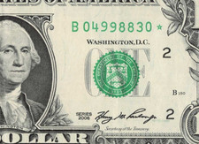 2006 B star replacement note $1 dollar bill New York district B04998830* dc