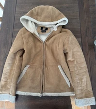 Y2K VINTAGE 77 Seventy Seven Sherpa Faux Suede Hooded Jacket Coat Tan M 2000s