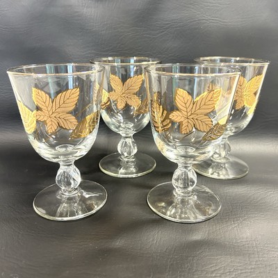 4 Vtg Libby  22 K Gold Leaf Footed Water Goblets Wine Glasses MCM Barware EVC