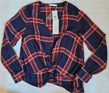 Blusa LUSH a Cuadros Torcida Frontal Mujer Pequeña Azul Marino Rojo Hilo Dorado Nueva con Etiquetas