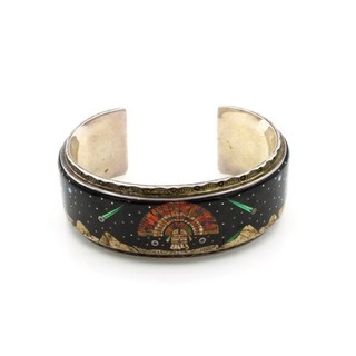 Vintage Southwest Signed Sterling Onyx Opal Jasper Inlay Kachina Cuff #S6060 3