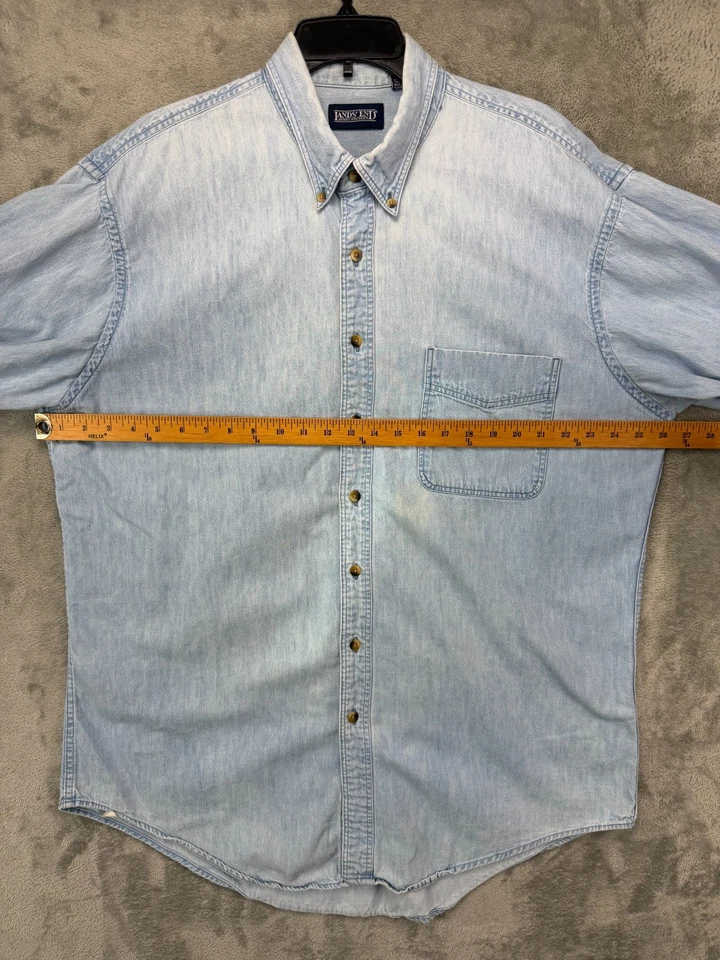 复古 Lands End 牛仔衬衫 XL (17/17.5) 浅蓝色棉质长袖纽扣 — 第 3/4 张图片
