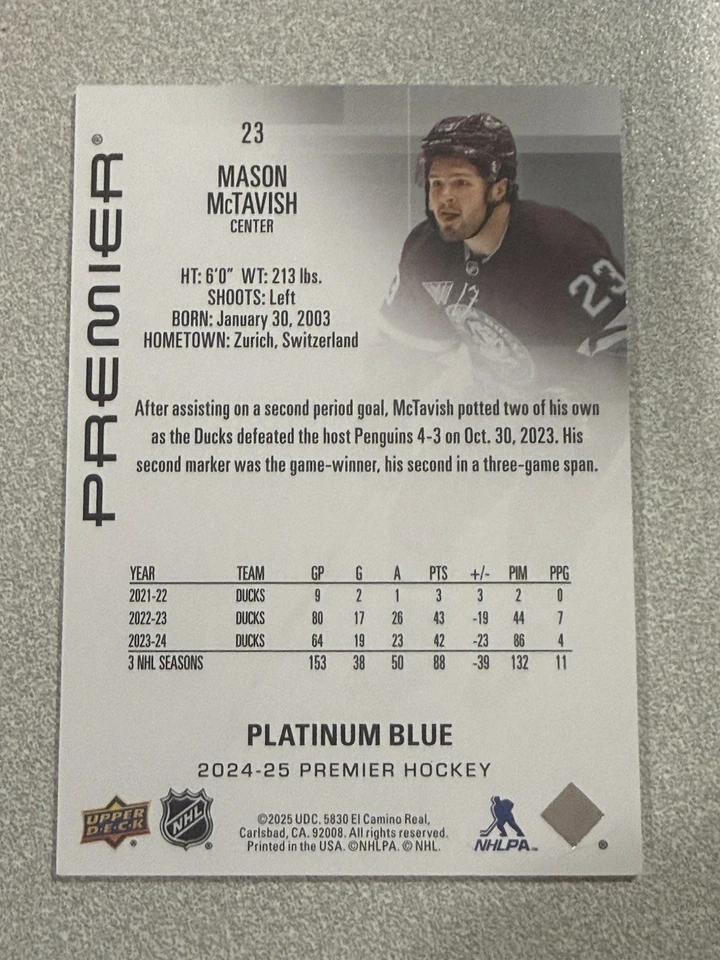 2024-25 Upper Deck Premier #23 Mason McTavish Platinum Blue 1/1 - Image 2 of 2