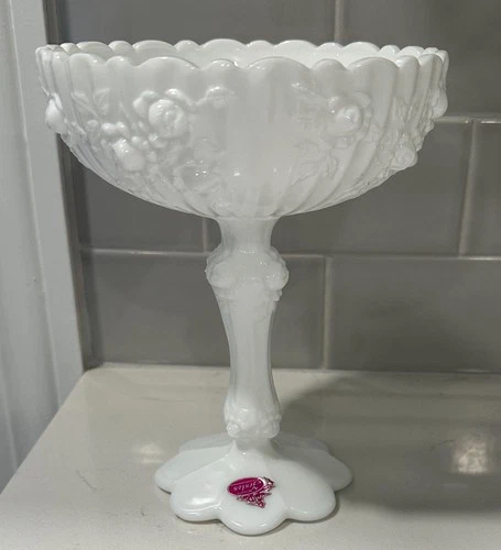 Vintage Fenton Cabbage Rose White Milk Glass Footed Compote Candy Dish