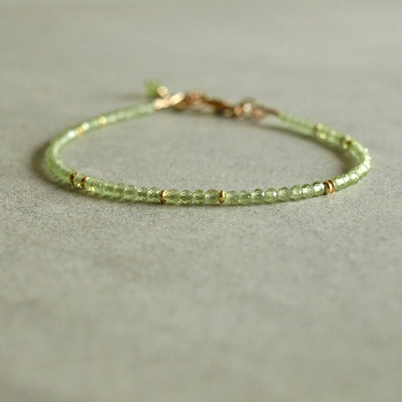 2-3MM A++ Dainty Peridot Faceted Round Gemstone Gold Filled Beads Bracelet 6-8'' - Image 2 of 4