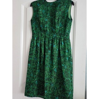 Vintage 60s Raw Silk Abstract Mod Day Dress Green Psychedelic Swirl Pockets S/ 4