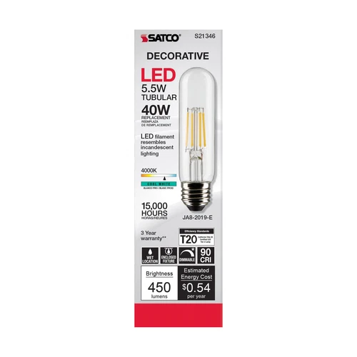 Satco S21346 LED Filament 120V 5.5W 40W Dimmable T10 Medium E26 4000K Cool White - Picture 6 of 11