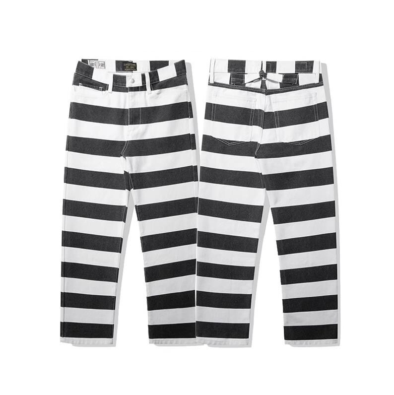 パンツ black & whitedenim Men Retro Black White Stripe Prison Pants Motorcycle Jeans Canvas