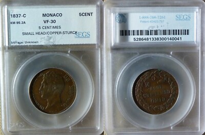 Monaco : 1837-C 5 Ct VF Small Head/Copper Struck #95.2A CT55