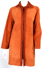 HERMES Spring 2023 Rust Brown Suede Braided Trim Zip Front Collared Coat 34
