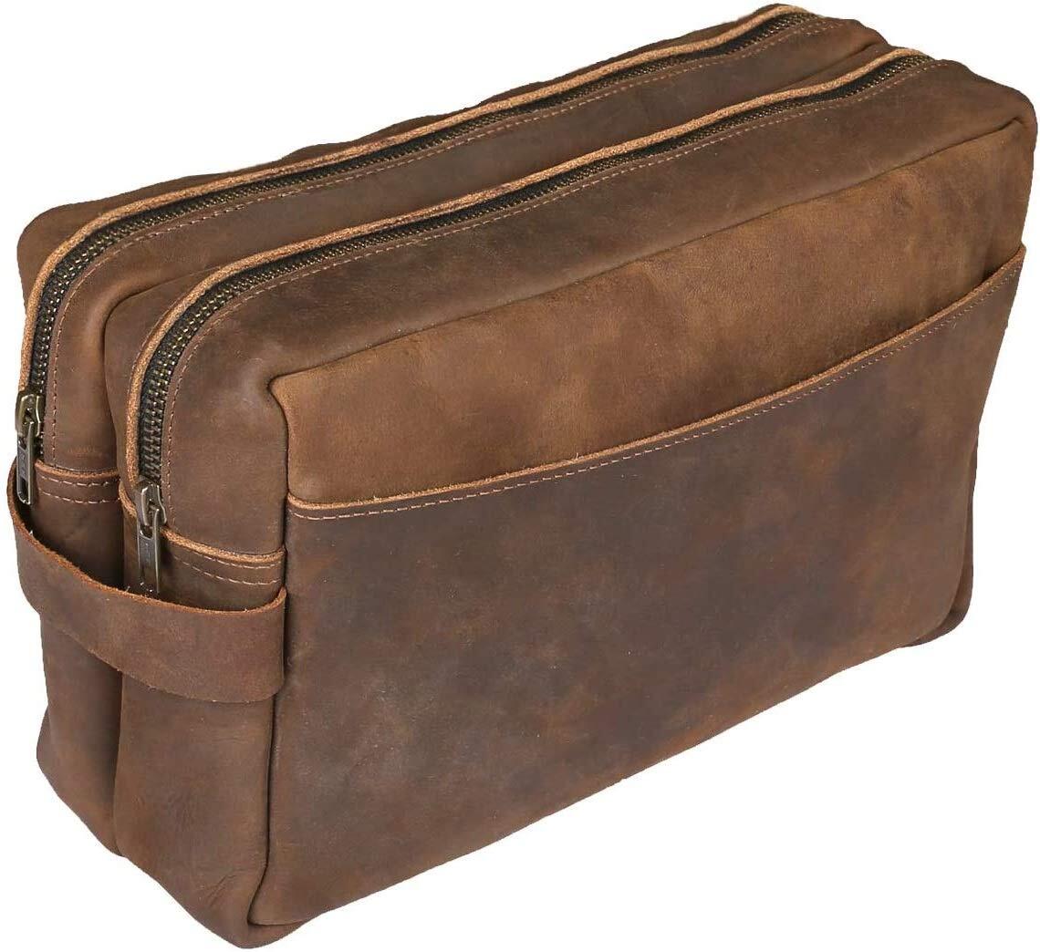 Leather Toiletry Bag for Men Women - Hand Made Vintage Travel Dopp Wash Kit S...
