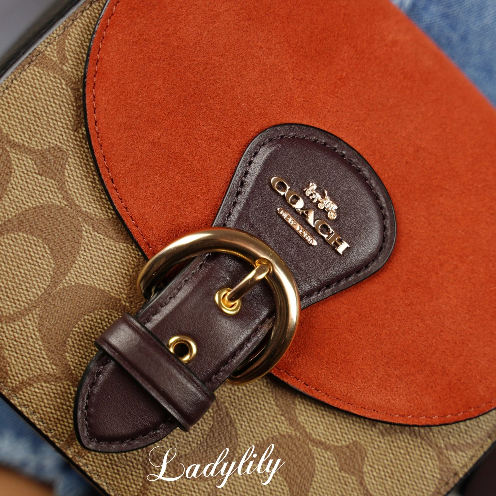 Borsa a tracolla Coach C5691 Kleo 17 firmata tela pelle liscia scamosciata $425 nuova con etichette