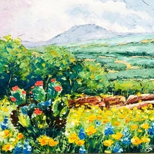 Texas Hill Country Art Impasto Painting Cactus Wildflower Western Decor 8 x 8"