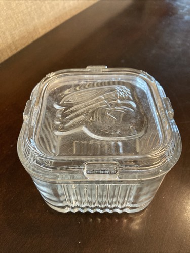 Vintage Federal Glass Ribbed Refrigerator Dish w/ Veg. Lid 4.25”x4.25”x3.25”