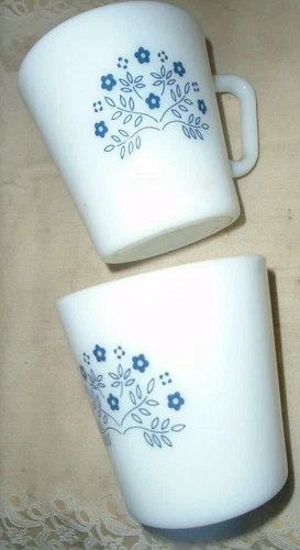 2 Vintage Milk Glass PYREX Coffee Cups/Mugs  Blue Honeydew Summer -