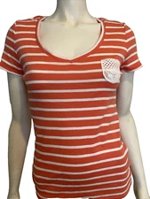 Tommy Hilfiger Women's V-Neck Striped Tee Shirt Coral Medium