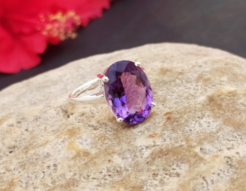 Amazing Amethyst Prong Set Oval Ring-925 Sterling Silver Purple Birthstone Ring - Picture 7 of 12