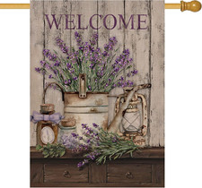 Welcome Spring Summer House Flag Lavender Flower Bucket, Floral Decorative Garde