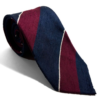 Untipped Navy Blue / Red Block Stripe Silk Shantung Tie (Handmade in Italy)