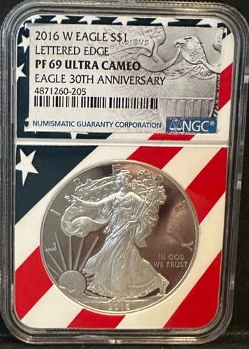 2016-W LETTERED EDGE Silver American Eagle PF69 ULTRA CAMEO Flag Core