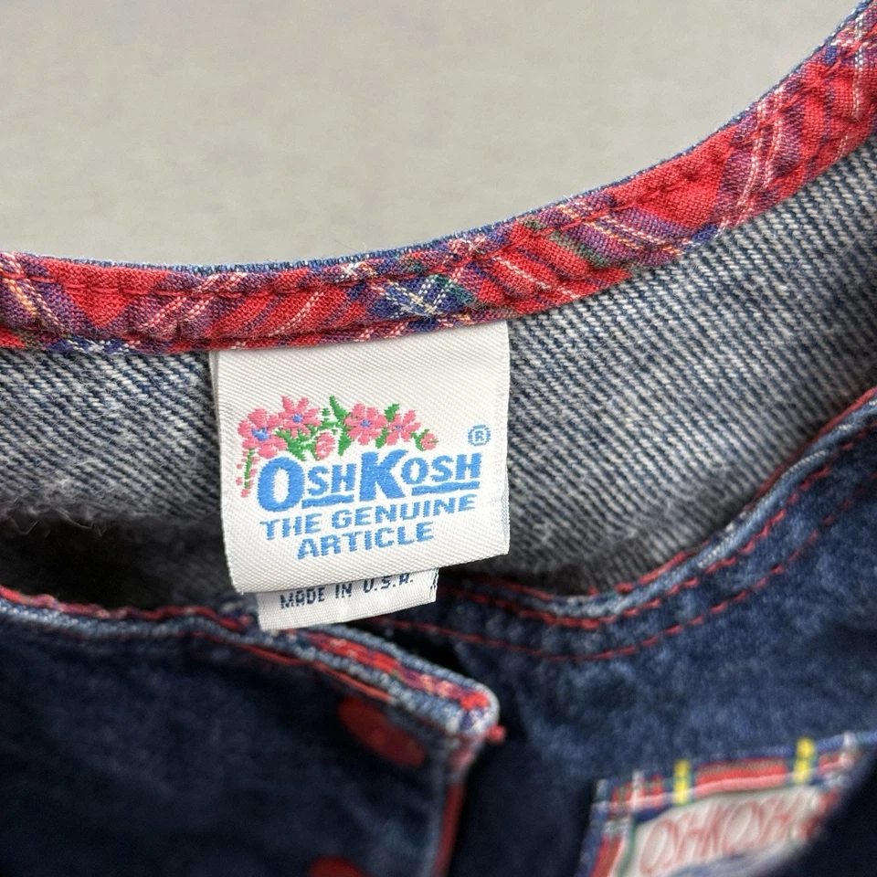 Vintage Oshkosh Bgosh Dress Girls 6 Blue Denim Plaid Sleeveless Made In USA - Image 3 of 4