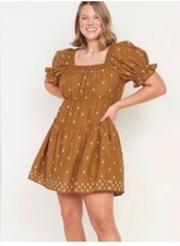 Old Navy Puff-Sleeve Tiered Smocked Embroidered Mini Swing Dress in Mustard XL
