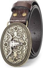 Western-Cowboy-Retro-Belt with Bull-Buckle, Floral Engraved Leather Cowgirl Belt