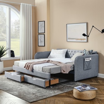 Twin Size Upholstery Daybed with Trundle Bed and Two Storage Drawers , Flat Arm