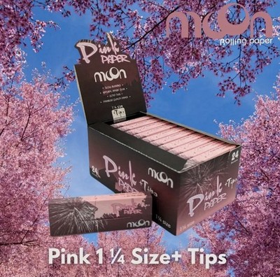 1 Box 24 Booklets Moon Pink Rolling Papers Reg. Size 1 1/4 W Tips Pure Hemp