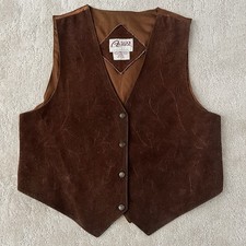 VTG Brown Suede Leather Embroidered Vest Sz L Boho Gypsy Folk Rodeo 70s Style
