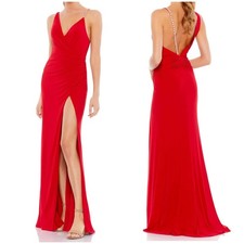 Mac Duggal NWT Asymmetrical Pearl Strap V-Neck Jersey Gown Red Size 4 Side Slit