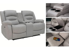 Grey Suede Power Recliner Sofa 2 Seater, Storage, USB, Cooling Cup Holders Saxon