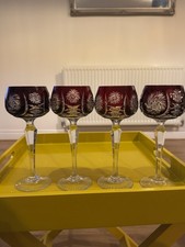 4 Vintage Bohemian Crystal Hock Wine Goblets Glasses