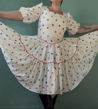 White Polka Dot Square Dancing Dress with Puff Sleeves for Women