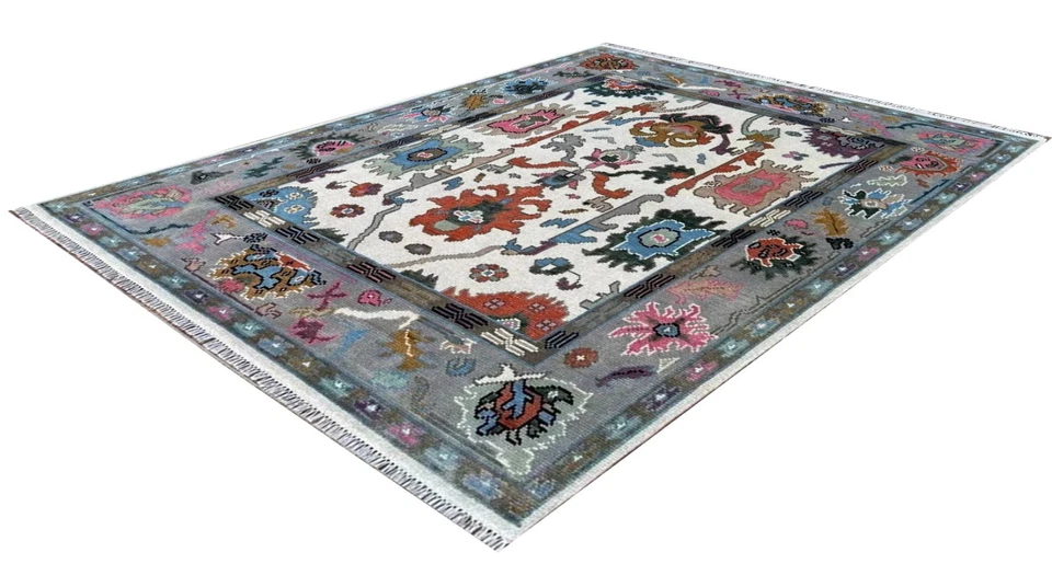 NEW Oushak Area Rug  Ivory Blue Hand-Knotted Wool Transitional Floral Carp - Image 2 of 4