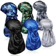 6 Pcs Durags for Men Silky Camouflage Cap with Long Tail and Wide Straps Colo...