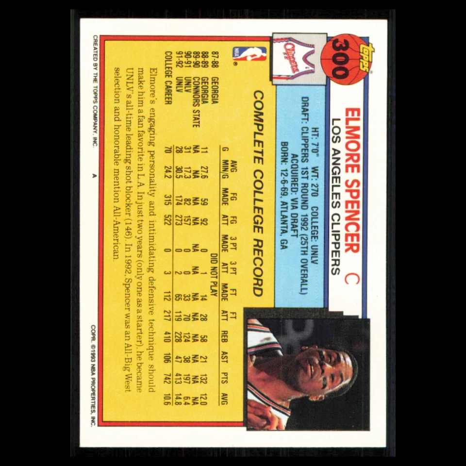 Elmore Spencer Rookie #300 1992 Topps Los Angeles Clippers Basketball Card NBA - Image 2 of 3