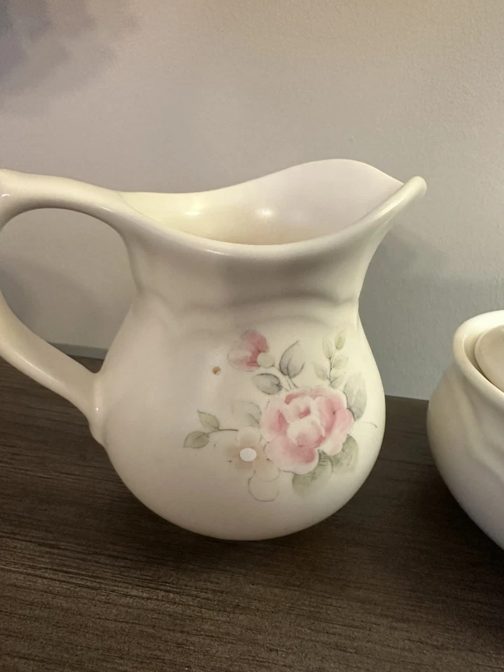 Pfaltzgraff Tea Rose Sugar Bowl W/ Lid And Creamer Pink Floral 5” - Image 3 of 4