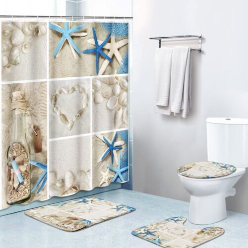 4 Piece Shower Curtain Sets, with 12 Hooks, Beach Summer Seashells Sea Shell ...