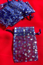 Blue Organza Silver Star Gift Wrap Drawstring Bags 4" x almost 3" Set of 7 Pouch