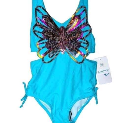 Flapdoodles Little Girls 1 Piece Sequin Butterfly Cut Out Swim Suit Aqua Blue 2T