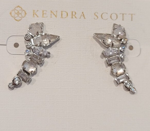 NWT KENDRA SCOTT EAR CLIMBERS SILVER DRUSY IVORY MOP CRYSTAL